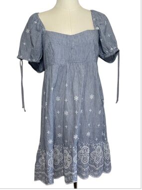 Mini Babydoll Embroidered Cottagecore Puff Sleeve Striped Blue White Large